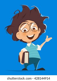 Vector character illustration of School kid with book and glasses pointing hand