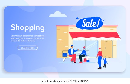 Vector character illustration of shopping on winter sale. Set of isolated person woman, man, kid buyers walking, sits at bench. Bundle of happy customers, shopping bags, store building, Christmas tree
