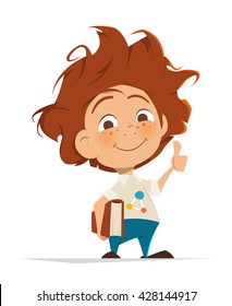 Vector character illustration of Smart cute kid with book thumbs finger up