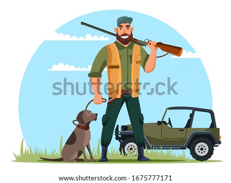 Vector character illustration of smiling hunter holds gun, with his dog and car. Huntsman hunting animals outdoors. Hunting sport and open season, safari, hunter club society, man hobby concept