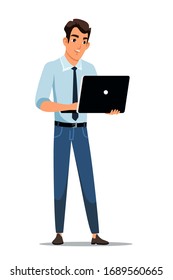 Vector character illustration of smiling man standing, holding laptop. Employee manager, programmer or designer looking in screen computer isolated person. Office work, workplace, workflow concept