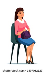 Vector character illustration smiling woman sitting at chair, holding handbag. Candidate waiting casting. Female client in turn of consultation specialist. Businesswoman or secretary isolated person