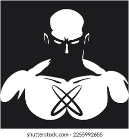 vector character illustration of a superhero emerging from the shadow with cosmic symbol