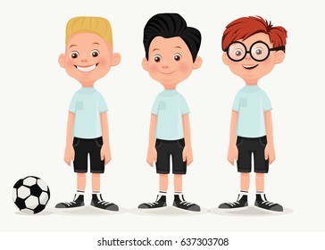 Vector character illustration. Three schoolboys with a soccer ball.