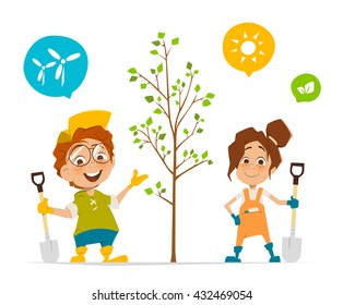 Vector character illustration of two kids boy and girl planting a tree