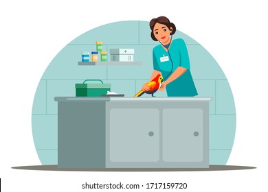 Vector character illustration veterinarian specialist works scene. Woman doctor stethoscope examines parrot.  Bird visit veterinary for check up health. Vet clinic, animal care, pet medical treatment