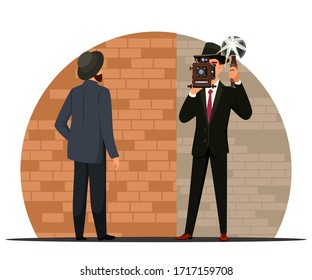 Vector character illustration of vintage photographer, retro camera with manual flash. Man shooting photography with smiling model in old style studio. Creative profession, occupation or hobby concept