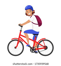 Vector character illustration of woman cyclist isolated person. Young girl rides bicycle, wears protective helmet and backpack. Sport hobby, entertainment, street activity, family leisure concept