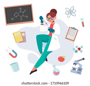 Vector character illustration of woman scientist holding test tube, pipette, doing scientific research. Laboratory equipment, magnet, journal, microscope, formula on chalkboard isolated objects set