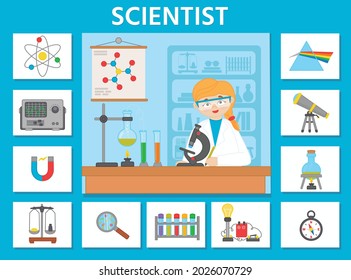 Vector character illustration of woman scientist doing scientific research. Game for preschool kids. Puzzle. Profession. Scientist and scientific equipment