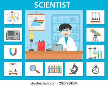 Vector character illustration of woman scientist doing scientific research. Game for preschool kids. Puzzle. Profession. Scientist and scientific equipment