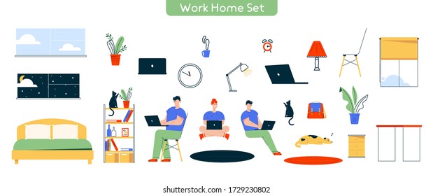 Vector character illustration of work at home. Set of man, woman working at laptop. Remote work, freelance. Bundle of furniture home design, table, chair, lamp, cat dog pet, decor and isolated objects