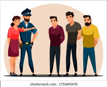 Vector character illustration wWThree men suspected of committing crime standing against wall. Policeman, woman affected by attack points to guy, identifies attacking criminal. Vector illustration