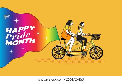 Vector character illustration of young couple riding a tandem bike with a rainbow flag, a symbol of lesbian, gay, bisexual, transgender (LGBT) and queer pride and LGBT social movement.