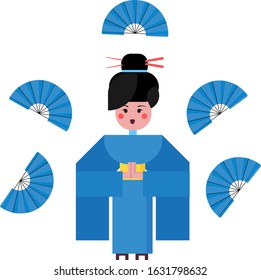 vector character Japanese girl in a blue kimono surrounded by fans on a white background