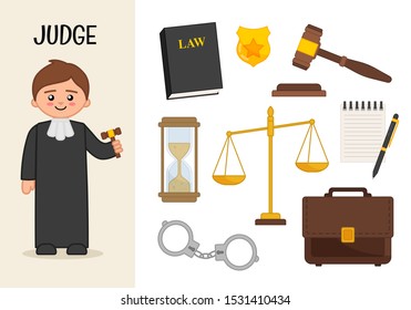 Vector character judge. Illustrations of judge equipment. Set of cartoon professions.