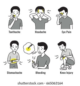 Vector Character Of Kid, Boy, Child In Various Pain. Headache, Eye Pain, Toothache, Knee Injury, Migraine, Stomachache, Bleeding From Knife. Outline Hand Draw Style, Simple Design. 