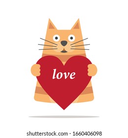 Vector character kitten with red heart. love concept. Be my Valentine caption.