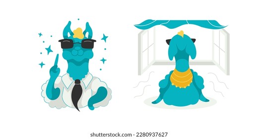 Vector character Lama pronounces instruction. Lama looks out the window.
