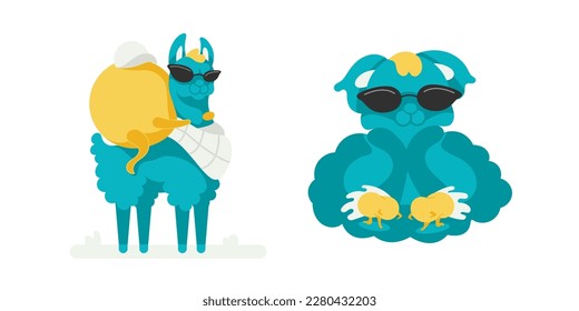 Vector character Lama with a rider on his back. Lama watches strange creatures.