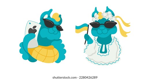 Vector character Lama takes a selfie, lama in Ukrainian national clothes.