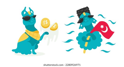 Vector character Lama tosses coins. Lama with the flag of Turkey.