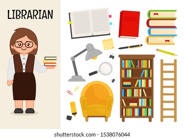 Vector Character Librarian. Illustrations Of Library Equipment. Set Of Cartoon Professions.