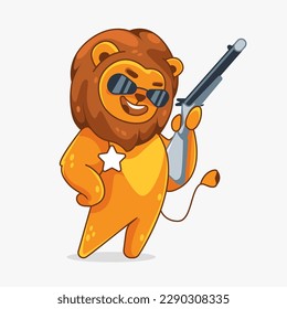 León de personaje vector con rifle y estrella del sheriff al estilo de caricatura.