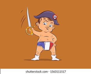 vector character little baby Napoleon Bonapart in diapers standing with the sword raised up