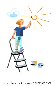 Vector character little girl stands on stepladder, paints sun on wall. Standing pose of back view teenager drawing isolated on white. Childish activities, creative, imagination and childhood concept