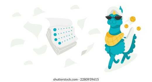 Vector character Llama with tennis racket and tennis balls.