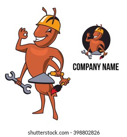 Vector character and logo. Ant looks like worker or builder. He is wearing helmet and holding tools in his hands, such as paint brush, putty knife, wrench. Ant folds his finger in OK sign and smiles.