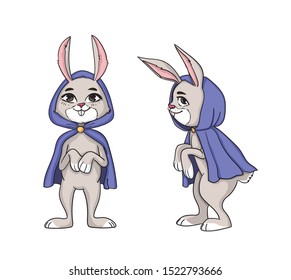 Vector character of magical bunny wearing cloak, teenager rabbit, front and side view. 