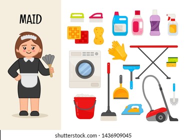 Vector character maid. Illustrations of maid equipment. Set of cartoon professions.