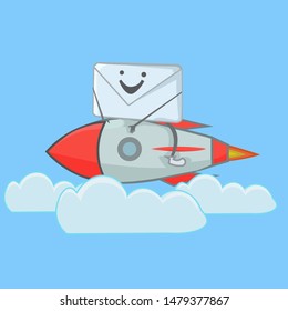 a vector, character of mail man, sending an email with rocket, can be used for icon, website apps, mobile apps, logo
