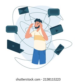vector character man gets upset because of bad news and too much information flow, stress from information noise