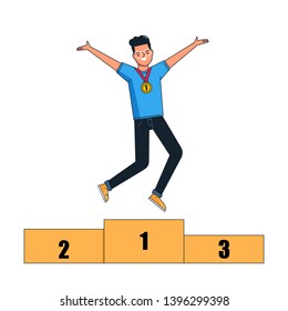 Vector character man jumps on a pedestal and enjoys victory