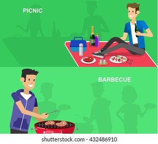 Vector character man on picnic or Bbq party. Food and barbeque, summer and grill.