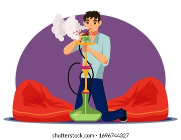 Vector character man smoke hookah pipe, exhale thick white smoke and sitting on floor. Young man relax and spend time together in shisha bar. Concept of lounge club and traditional oriental leisure