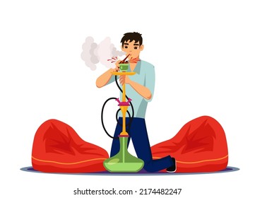 Vector character man smoke hookah pipe, exhale thick white smoke and sitting on floor. Young man relax and spend time together in shisha bar. Concept of lounge club and traditional oriental leisure.