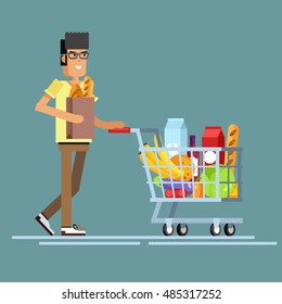 Vector character man with supermarket basket full of meal. Healthy eating and eco food in supermarket. Daily purchases.