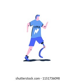 Vector character of man in t-shirt with word Power running with leg prosthesis isolated on white background