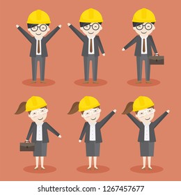 vector character of man and woman engineer with yellow safty helmet.