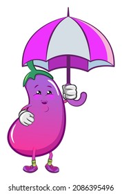 mascota de carácter vectorial de berenjena linda sosteniendo un paraguas hermoso