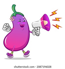vector character mascot of cute eggplant sounding using loudspeaker