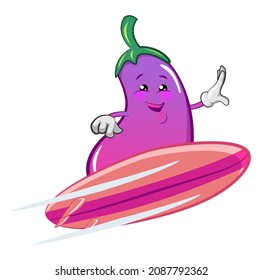 vector character mascot of cute eggplant is surfing happily