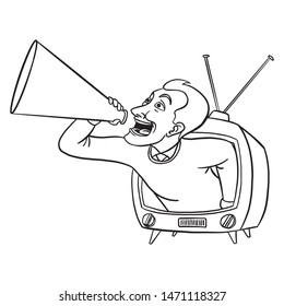 vector character with megaphone rising from a retro TV set. outline, doodle, advertising, isolated.