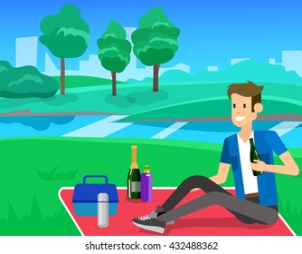 Vector character men on  picnic or Bbq party. Food and barbeque, summer picnic