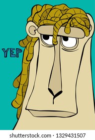 Vector character of monkey with yellow dreadlocks and handwring word Yep. Illustration for t-shirt print, card or poster. Isolated portrait on blue background 