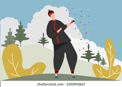 vector of character mountain people wearing traditional cloths and celebrate stand on mountain 